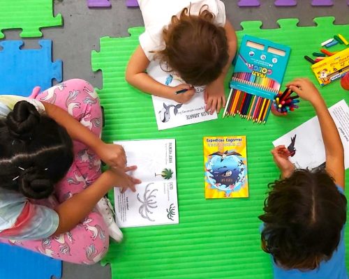 Crianças colorindo o Expedição Cagarras - livro infantil do MONA Cagarras no evento de comemoração do aniversário da UC