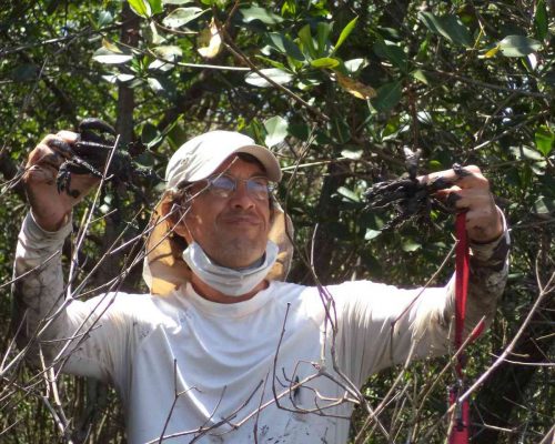 Dr. Anders Jensen Schmidt segurando caranguejo